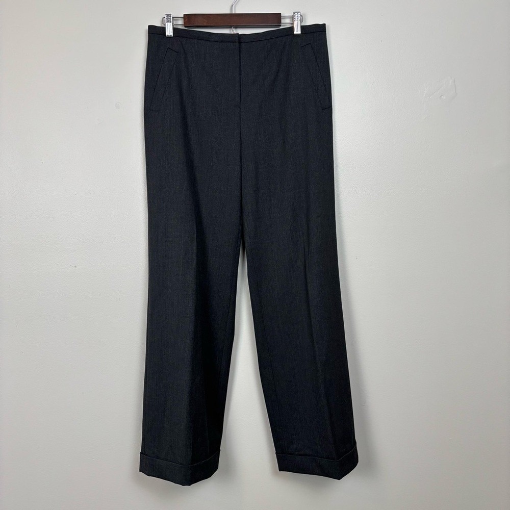 Lafayette 148 Pants Womens 12 Charcoal Gray‎ Wide Leg Cuffed Wool Blend Trousers